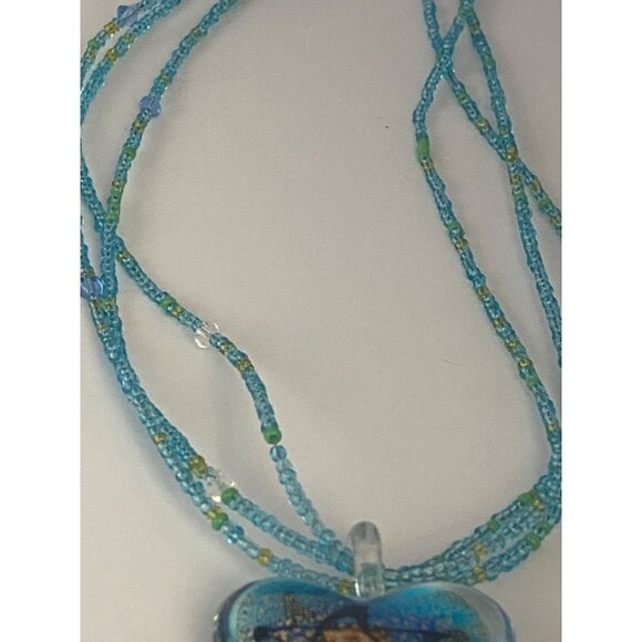 Glass Blown Blue Heart with Gold Star Art Multi-strand Beaded Glass Necklace - Picture 10 of 12